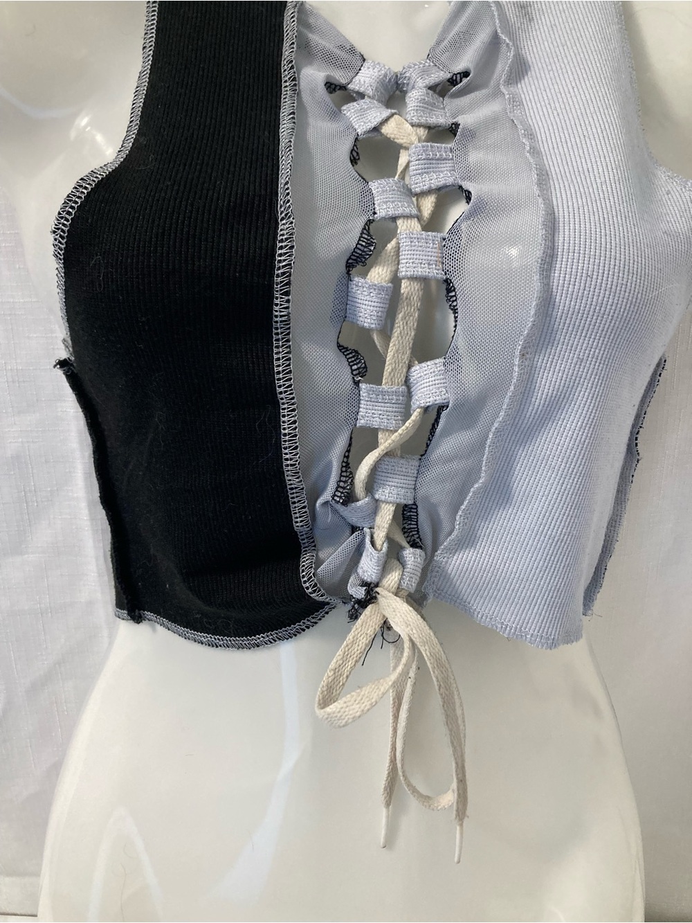 Unbranded Black Gray Lace-Up Deconstructed Crop Top Y2K